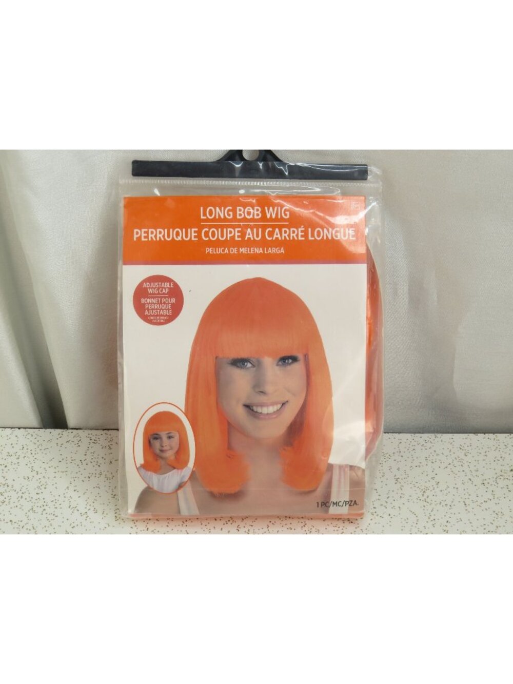 Neon Orange Long Bob Wig with Bangs Halloween Cosplay Costume One Size Fits All